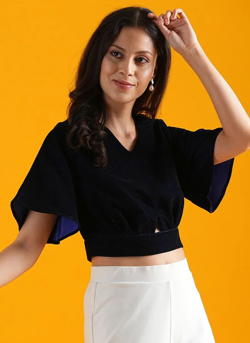 globus Globus Women Navy Blue V-Neck Kimono Sleeves Cut Out Detailed Crop Top