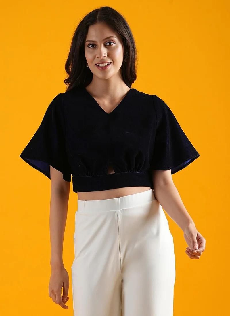 globus Globus Women Navy Blue V-Neck Kimono Sleeves Cut Out Detailed Crop Top