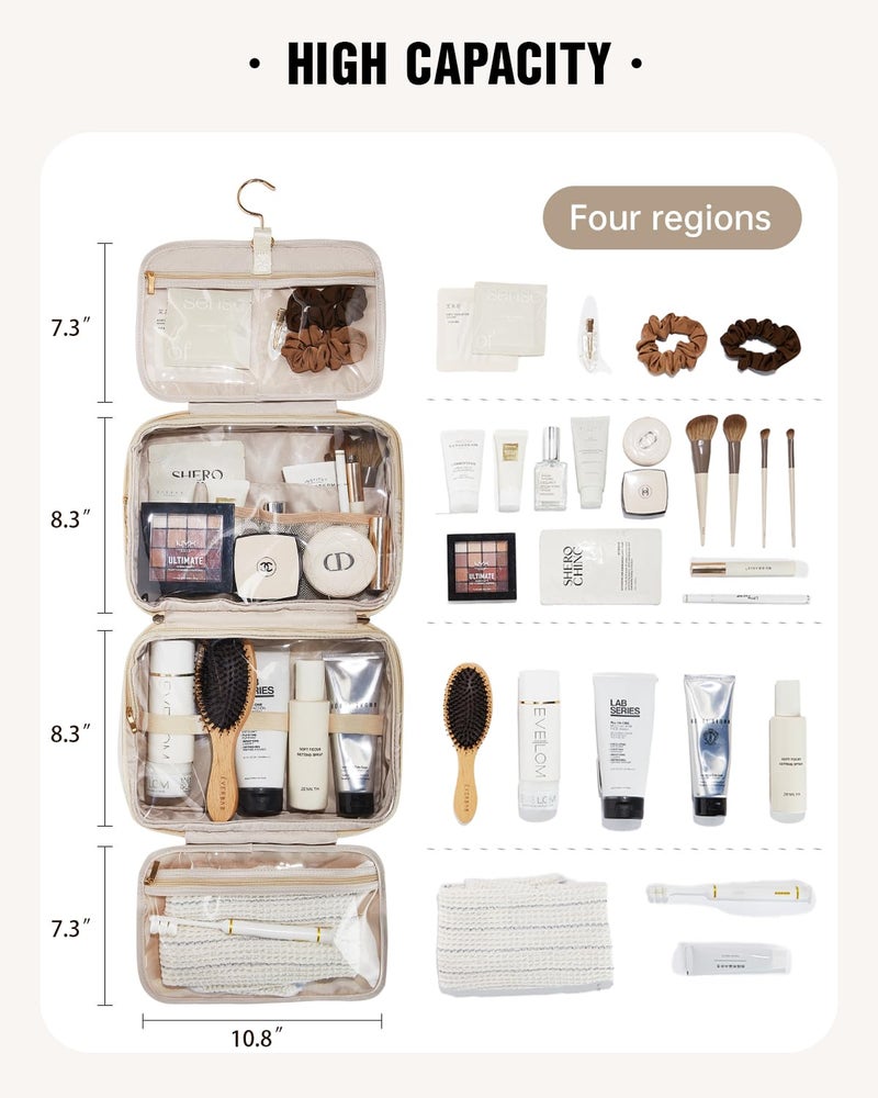 EACHY Toiletry Bag with Hanging Hook, Travel Makeup Bag PU Leather Cosmetic Bags for Women Make Up Organizer with 4 Compartments Waterproof Full-Size Portable Travel Essentials (Beige) - Image 5
