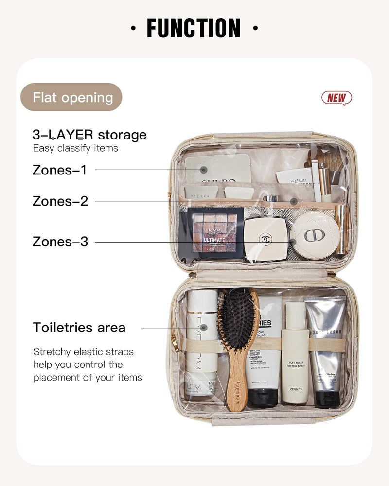 EACHY Toiletry Bag with Hanging Hook, Travel Makeup Bag PU Leather Cosmetic Bags for Women Make Up Organizer with 4 Compartments Waterproof Full-Size Portable Travel Essentials (Beige) - Image 4