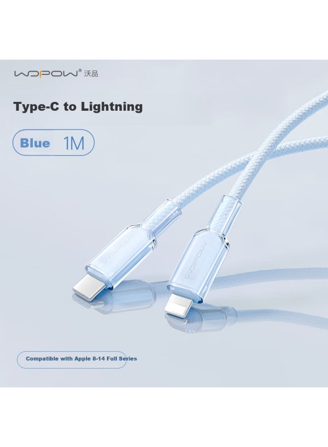 Crystal Line Apple Fast Charging Cable Pd27w For Iphone 14/13/12/11/8, Ipad, Tablet, Carplay Data Cable Blue