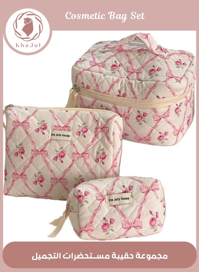 3-Piece Large Quilted Makeup Bag for Women and Girls, Lovely Floral Cotton Cosmetic Bag, Aesthetic Travel Organized Toiletry Bags (Pink Bows)