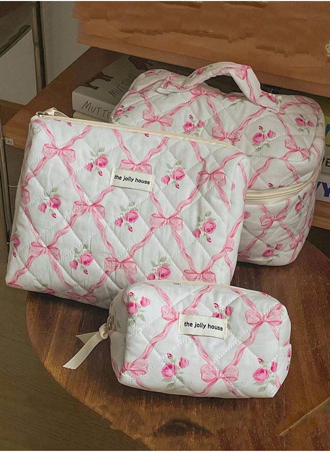 KHAJUL 3-Piece Large Quilted Makeup Bag for Women and Girls, Lovely Floral Cotton Cosmetic Bag, Aesthetic Travel Organized Toiletry Bags (Pink Bows)  - Image 3