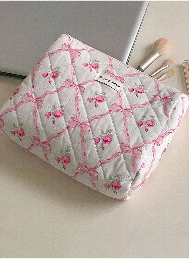 KHAJUL - 3-Piece Large Quilted Makeup Bag for Women and Girls, Lovely Floral Cotton Cosmetic Bag, Aesthetic Travel Organized Toiletry Bags (Pink Bows) - Image 1