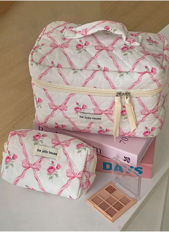 KHAJUL - 3-Piece Large Quilted Makeup Bag for Women and Girls, Lovely Floral Cotton Cosmetic Bag, Aesthetic Travel Organized Toiletry Bags (Pink Bows) - Image 1