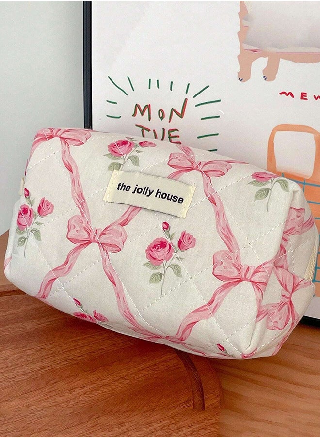 KHAJUL - 3-Piece Large Quilted Makeup Bag for Women and Girls, Lovely Floral Cotton Cosmetic Bag, Aesthetic Travel Organized Toiletry Bags (Pink Bows) - Image 1