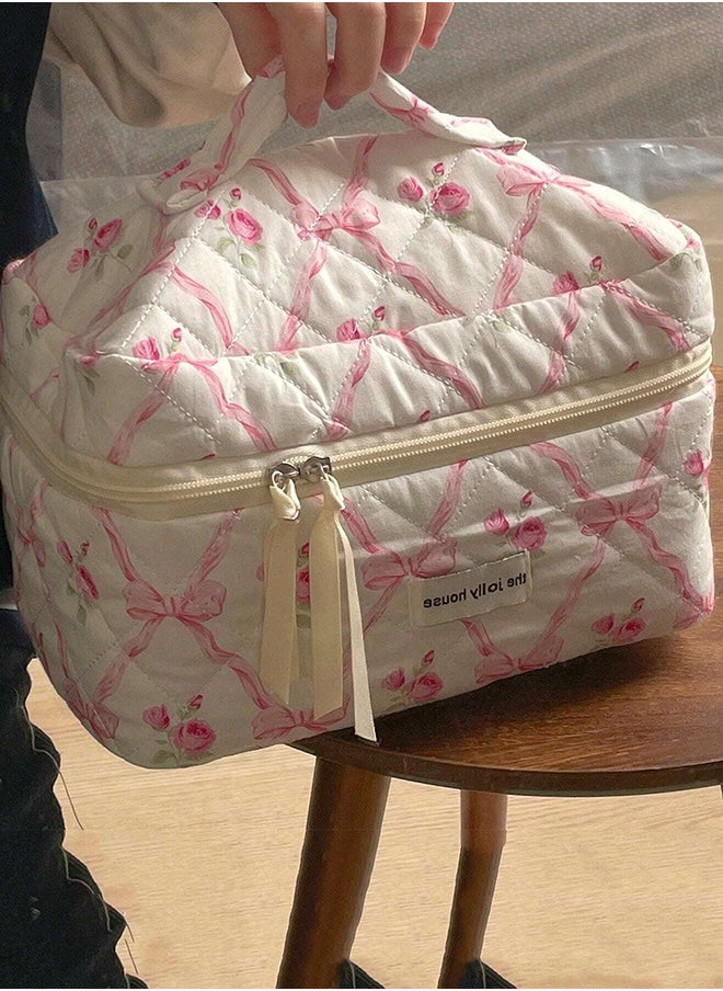 KHAJUL 3-Piece Large Quilted Makeup Bag for Women and Girls, Lovely Floral Cotton Cosmetic Bag, Aesthetic Travel Organized Toiletry Bags (Pink Bows)  - Image 4