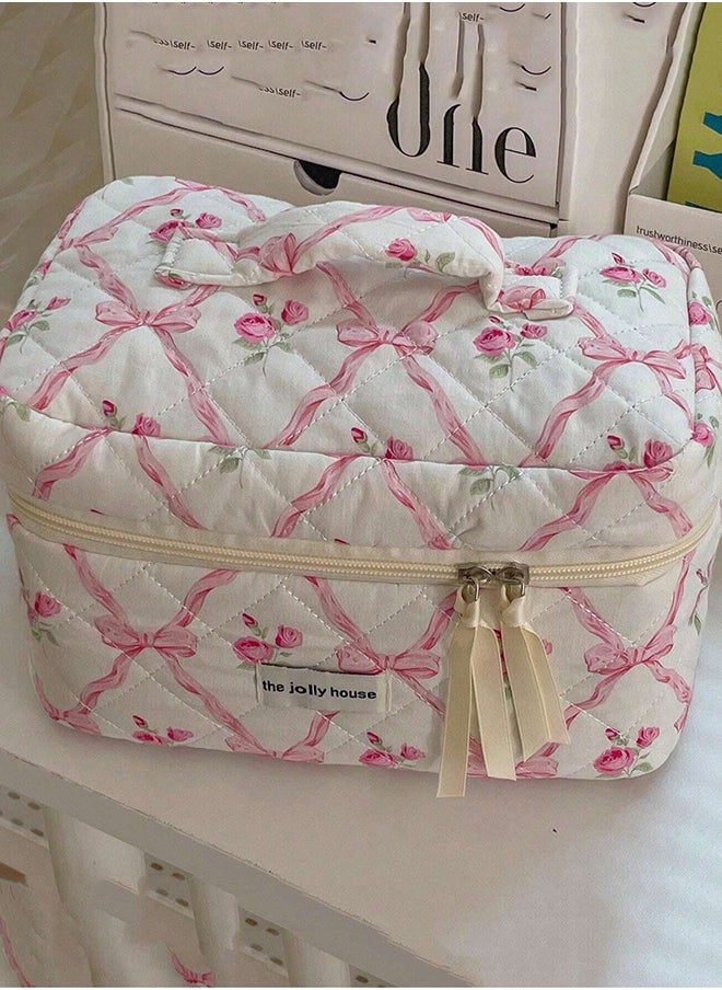 KHAJUL - 3-Piece Large Quilted Makeup Bag for Women and Girls, Lovely Floral Cotton Cosmetic Bag, Aesthetic Travel Organized Toiletry Bags (Pink Bows) - Image 1