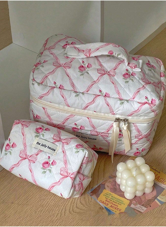 KHAJUL - 3-Piece Large Quilted Makeup Bag for Women and Girls, Lovely Floral Cotton Cosmetic Bag, Aesthetic Travel Organized Toiletry Bags (Pink Bows) - Image 1