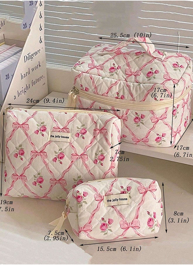 KHAJUL 3-Piece Large Quilted Makeup Bag for Women and Girls, Lovely Floral Cotton Cosmetic Bag, Aesthetic Travel Organized Toiletry Bags (Pink Bows)  - Image 2