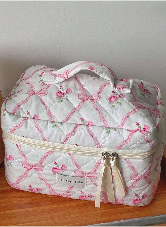 KHAJUL - 3-Piece Large Quilted Makeup Bag for Women and Girls, Lovely Floral Cotton Cosmetic Bag, Aesthetic Travel Organized Toiletry Bags (Pink Bows) - Image 1