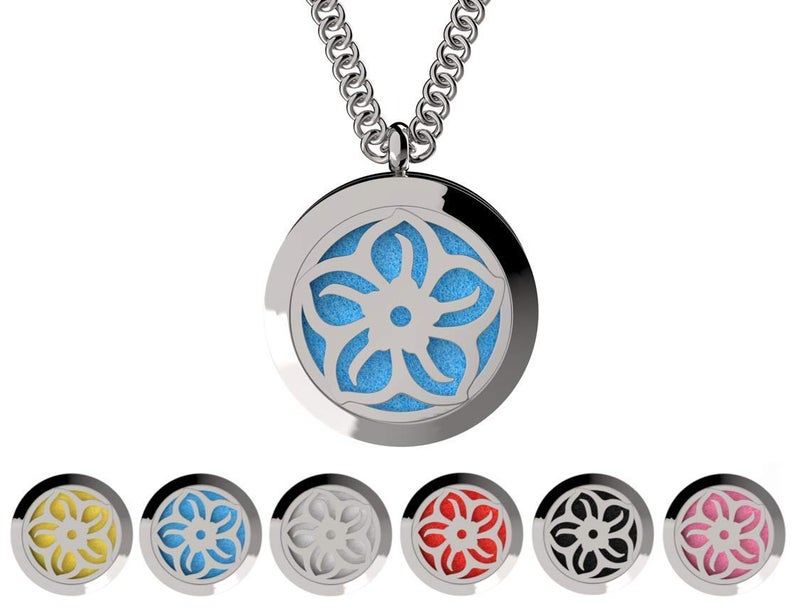 mEssentials Wild Essentials Lotus Flower Essential Oil Diffuser Necklace, Stainless Steel Locket Pendant with 24 inch Chain, 12 Color Refill Pads, Customizable Color Changing Perfume Jewelry for Aromatherapy 