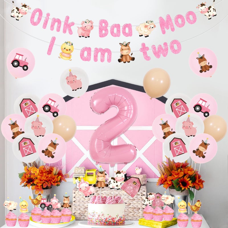 Funmemoir Farm 2nd Birthday Decorations for Girl - Oink Baa Moo Im Two Backdrop, Banner, Farm Animal Cake Topper, Cupcake Toppers, Balloons, Pink Farm Moo Moo I Am Two Barnyard Birthday Party Supplies - Image 4