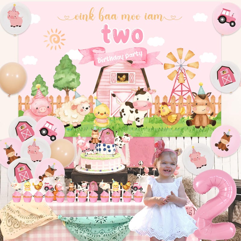 Funmemoir Farm 2nd Birthday Decorations for Girl - Oink Baa Moo Im Two Backdrop, Banner, Farm Animal Cake Topper, Cupcake Toppers, Balloons, Pink Farm Moo Moo I Am Two Barnyard Birthday Party Supplies - Image 2