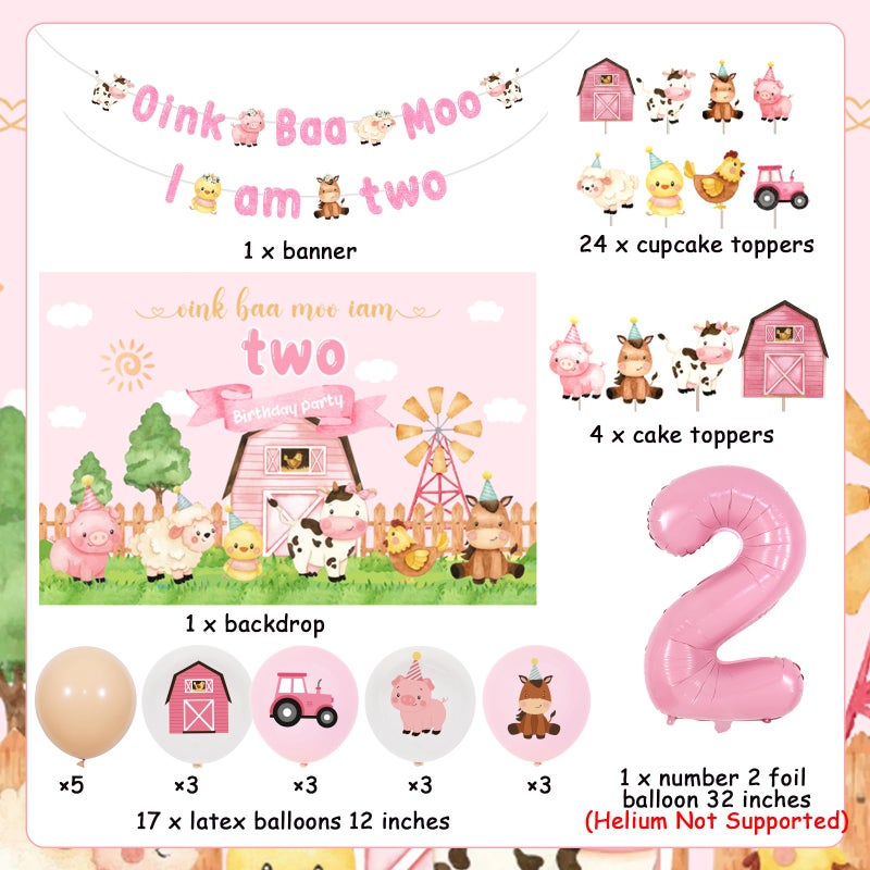 Funmemoir Farm 2nd Birthday Decorations for Girl - Oink Baa Moo Im Two Backdrop, Banner, Farm Animal Cake Topper, Cupcake Toppers, Balloons, Pink Farm Moo Moo I Am Two Barnyard Birthday Party Supplies - Image 5