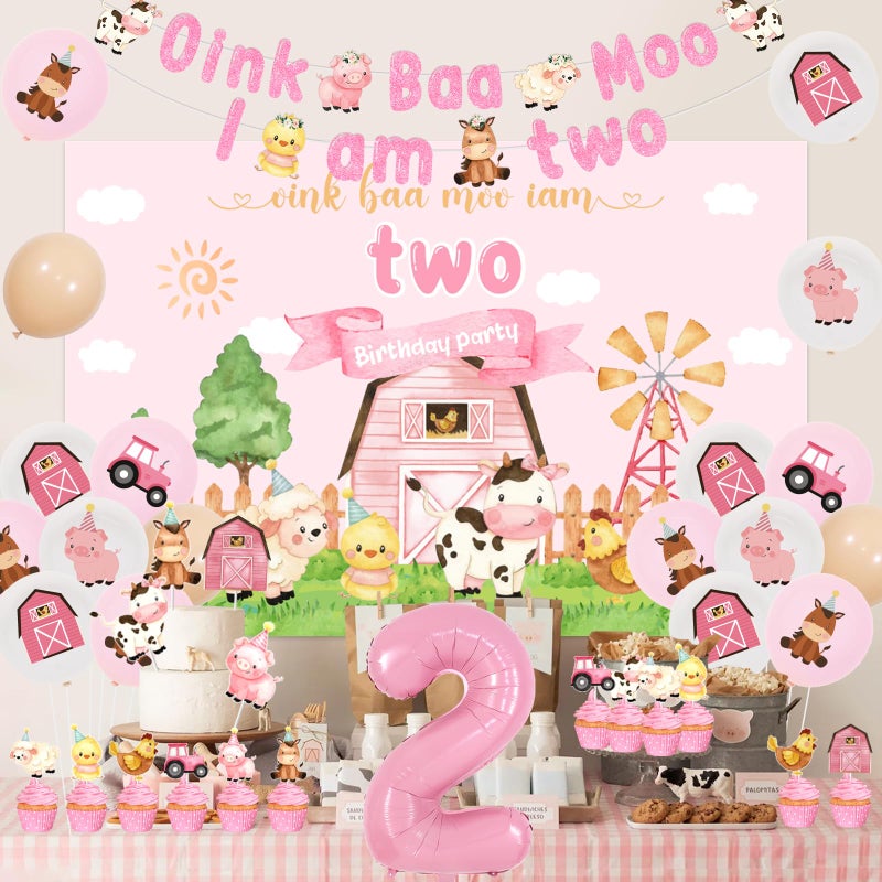 Funmemoir Farm 2nd Birthday Decorations for Girl - Oink Baa Moo Im Two Backdrop, Banner, Farm Animal Cake Topper, Cupcake Toppers, Balloons, Pink Farm Moo Moo I Am Two Barnyard Birthday Party Supplies - Image 3