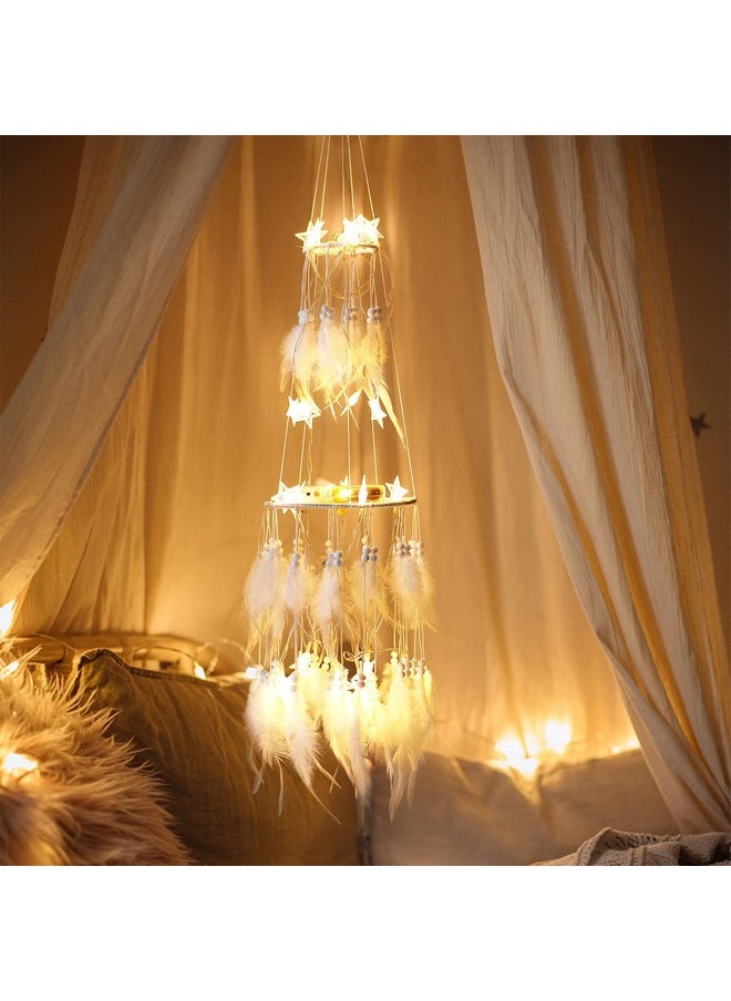 Dremisland Dremisland Double Circle White Feather Dream Catcher with Mobile LED Fairy Lights Wall Hanging Ornaments Ceiling Decor for Bedroom Decor Wedding Decorations Boho Chic Party Nursery Decor  - Image 3