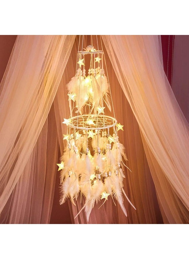 Dremisland Dremisland Double Circle White Feather Dream Catcher with Mobile LED Fairy Lights Wall Hanging Ornaments Ceiling Decor for Bedroom Decor Wedding Decorations Boho Chic Party Nursery Decor  - Image 1