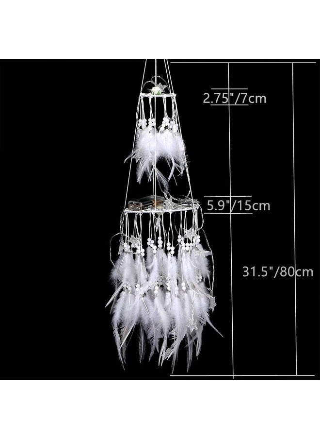 Dremisland Dremisland Double Circle White Feather Dream Catcher with Mobile LED Fairy Lights Wall Hanging Ornaments Ceiling Decor for Bedroom Decor Wedding Decorations Boho Chic Party Nursery Decor  - Image 4