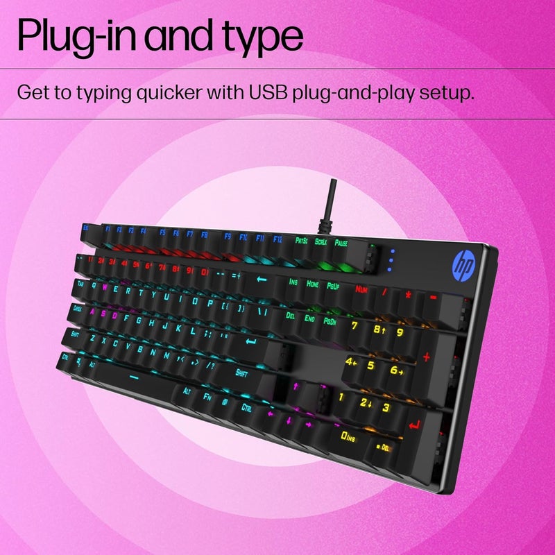 HP Gk400F Mechanical USB Gaming Keyboard,Dust & Spill Resistant,RGB Backlit Keys,Metal Panel,Full-Sized Keyboard Design - Image 3