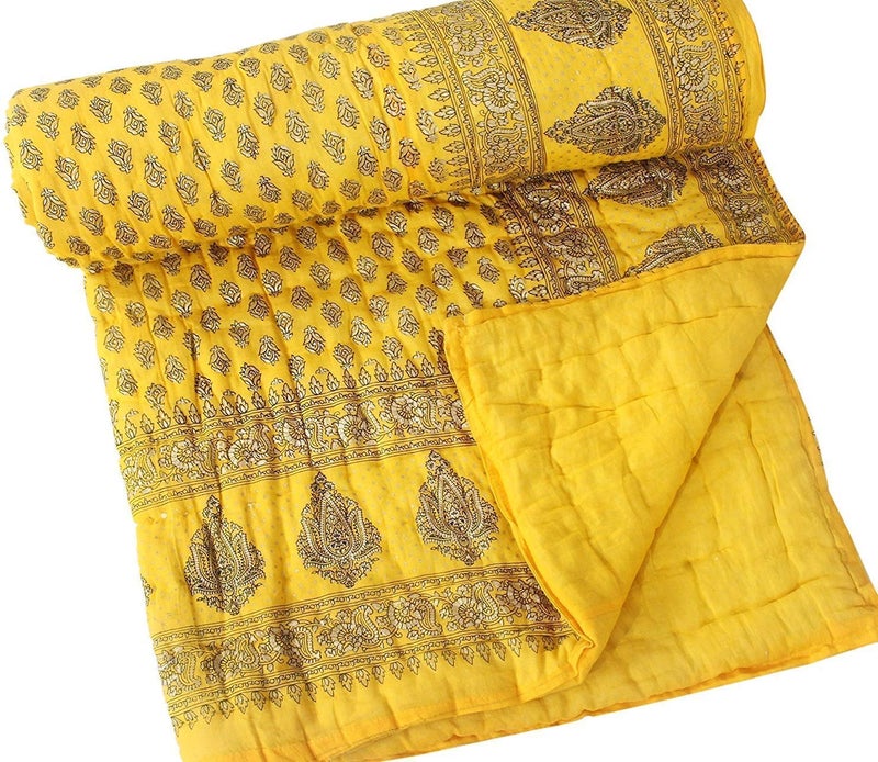 Lilfly Light Weight Famous Rajasthani Single Bed Soft Jaipuri AC Quilt/Razai Designer Yellow with Special Jaipuri Gold Print Cotton Quilt (Size 55X85 inch) Set of 1 razai TDS-31 - Image 1