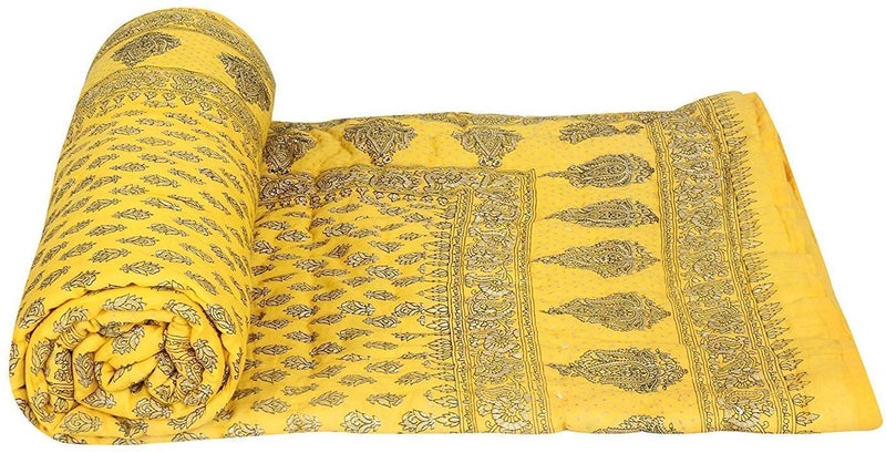Lilfly Light Weight Famous Rajasthani Single Bed Soft Jaipuri AC Quilt/Razai Designer Yellow with Special Jaipuri Gold Print Cotton Quilt (Size 55X85 inch) Set of 1 razai TDS-31 - Image 2