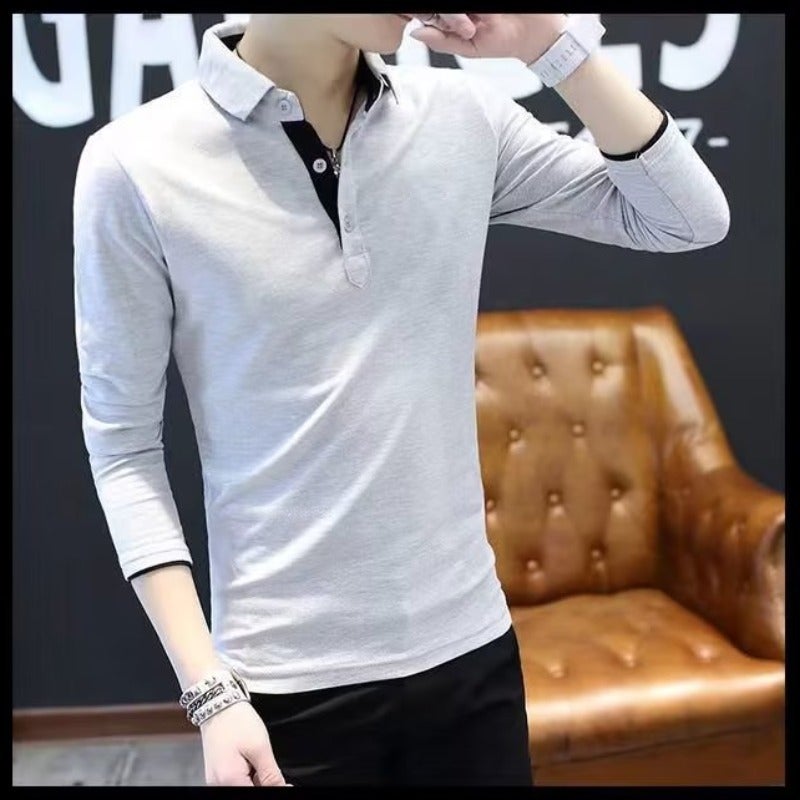 Long-Sleeved Polo Shirt T-Shirt Men'S Lapel Leading Trend Paul Casual Slim Top Base Shirt - Image 1