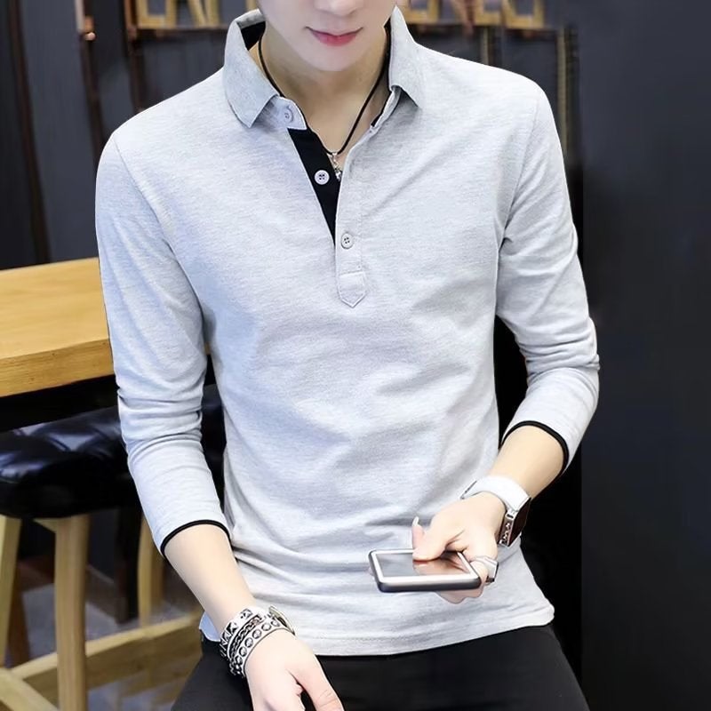 Long-Sleeved Polo Shirt T-Shirt Men'S Lapel Leading Trend Paul Casual Slim Top Base Shirt - Image 2
