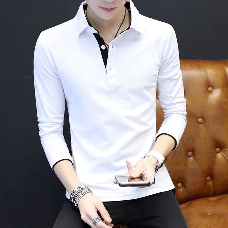 Long-Sleeved Polo Shirt T-Shirt Men'S Lapel Leading Trend Paul Casual Slim Top Base Shirt - Image 3