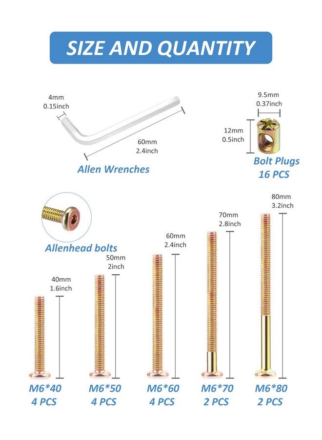 Allwin Crib Screws Hardware Replacement Kit - 16 Set Baby Bed Frame Bolts &Barrel Nuts Set, M6x40mm/ 50mm/ 60mm/ 70mm/ 80mm Hex Drive Socket Cap Screws Barrel Nuts - Image 2