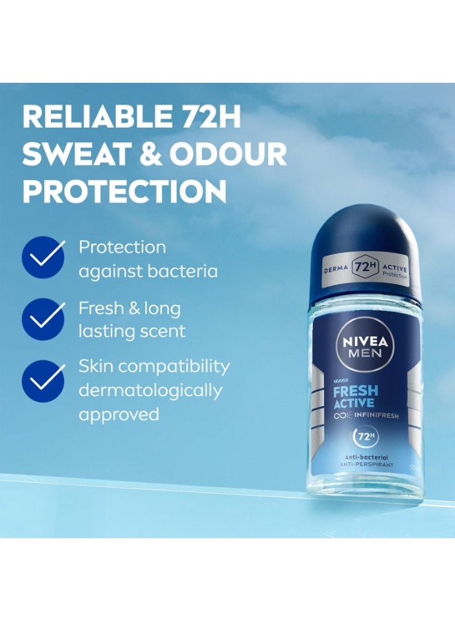 NIVEA MEN Roll-On Deodorant, 72-Hour Protection, Fresh Active Scent, 3 x 50ml - Image 2