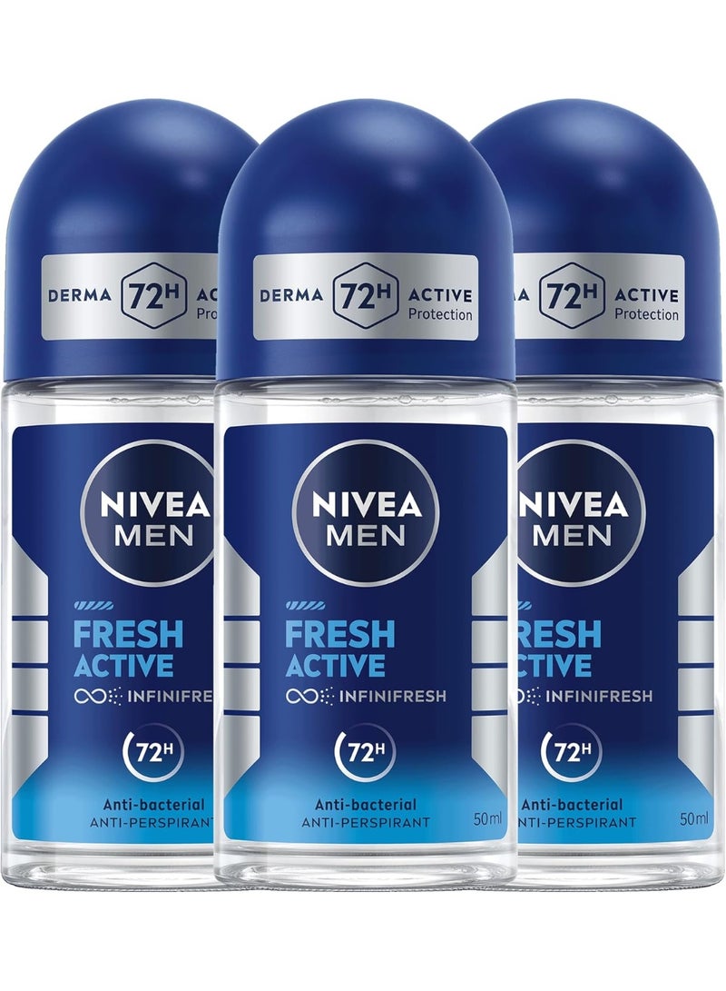 NIVEA MEN Roll-On Deodorant, 72-Hour Protection, Fresh Active Scent, 3 x 50ml - Image 1