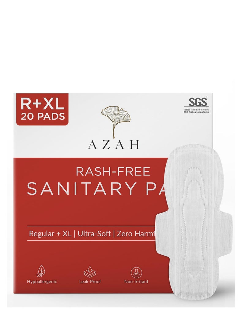 AZAH Sanitary Pads for Women (10 Reg + 10 XL) [Pack of 20] 100% Rash-Free sanitary napkins | 3x More Absorption, Cottony Soft and Dry Top Cover for heavy Flow | Toxin Free, Locks Odour, Leak-Proof - Image 1