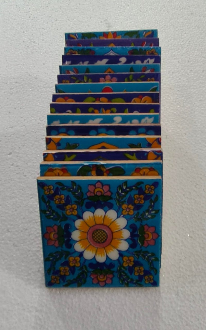 Shiv Kripa Blue Pottery Home Decorative Ceramic Wall Hanging Tile Design Flooring Tiles Floral Kitchen Washroom Mosaic Furniture Tile Handmade Backsplash 3 x 3 Inches (Pack of 16, Multicolor) - Image 3