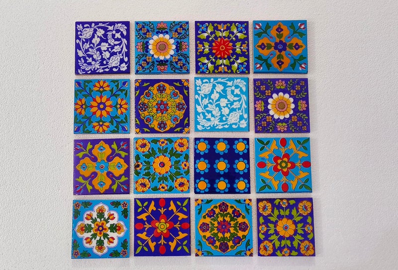 Shiv Kripa Blue Pottery Home Decorative Ceramic Wall Hanging Tile Design Flooring Tiles Floral Kitchen Washroom Mosaic Furniture Tile Handmade Backsplash 3 x 3 Inches (Pack of 16, Multicolor) - Image 2