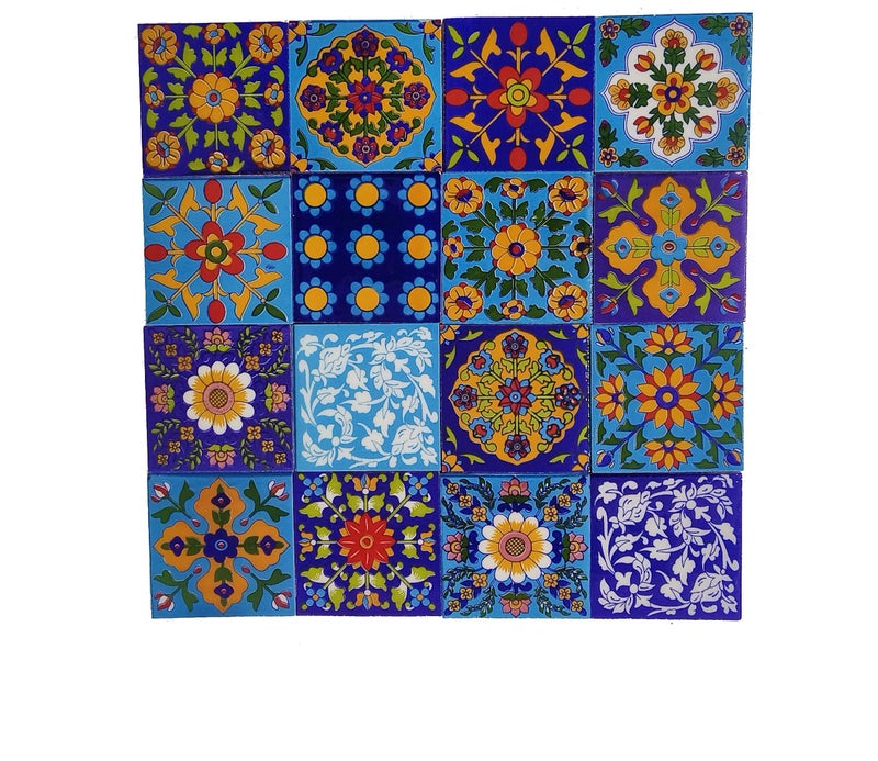 Shiv Kripa Blue Pottery Home Decorative Ceramic Wall Hanging Tile Design Flooring Tiles Floral Kitchen Washroom Mosaic Furniture Tile Handmade Backsplash 3 x 3 Inches (Pack of 16, Multicolor) - Image 5