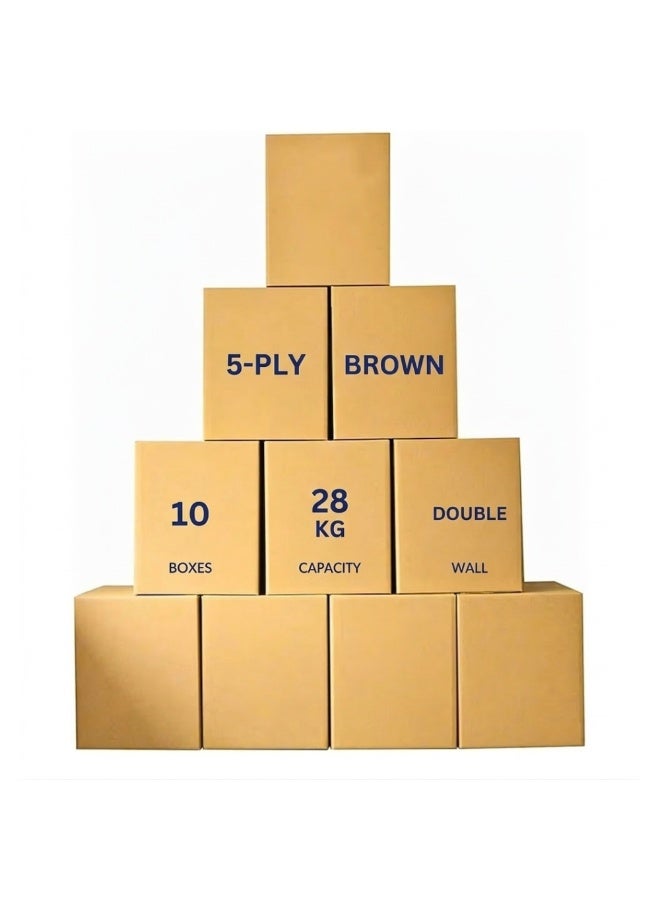 Pack of 10 Heavy Duty Corrugated Moving Boxes - 45x45x45cm, 5-Ply Double Wall Brown Carton, 28kg Capacity - Image 1