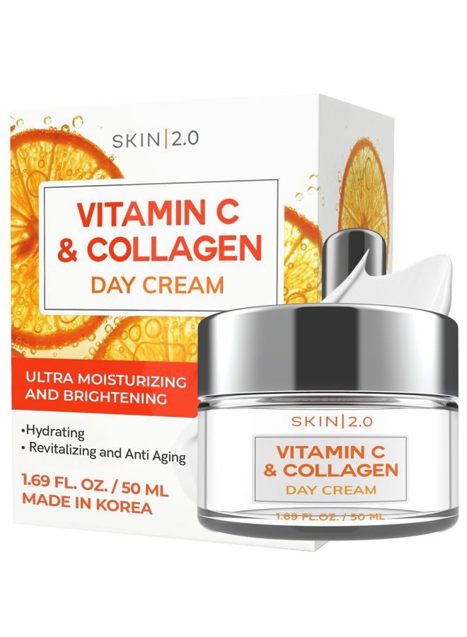 Vitamin C & Collagen Face Moisturizer - Dermatologist Tested, Anti-Aging, Skin Tightening - Brightening, Clean Beauty, Cruelty-Free, Korean Skincare for All Skin Types - 1.69 Fl oz