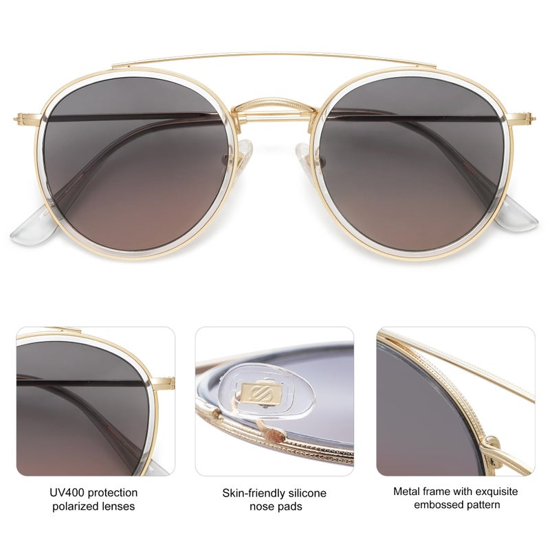 SOJOS Retro Vintage Round Polarized Sunglasses for Women Men Small Double Bridge Circle Sunnies SJ1104, Grey/Grey - Image 3