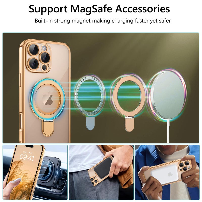 GUAGUA for iPhone 16 Pro Max Case with Stand, Magnetic Clear Cases Plating Edge Invisible Ring Holder Slim Shockproof Protective Kickstand Phone Case for iPhone 16 Pro Max 6.9'', Desert Titanium Gold - Image 4