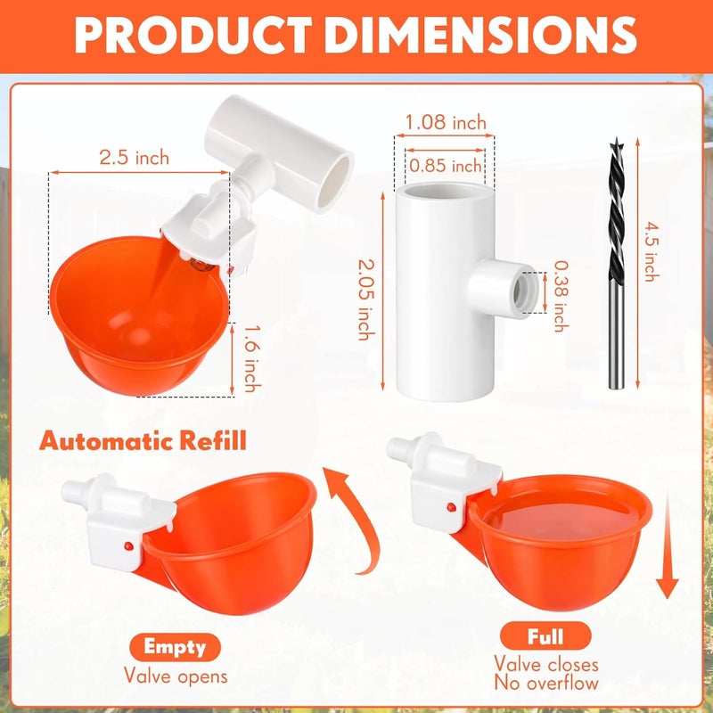 LemonRoad 30 Set Automatic Chicken Waterer Cups with 1/2" PVC Tee Fittings Chicken Drinking Bowl, Mounting Hole Opener, Water Feeder System for Duck, Goose, Turkey(Orange) - Image 2