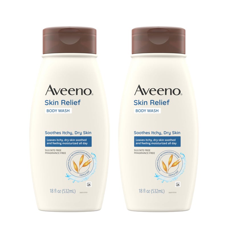 Aveeno Skin Relief Fragrance-Free Body Wash with Triple Oat Formula, Gentle Daily Cleanser for Sensitive Skin Leaves Dry Skin Feeling Moisturized, Sulfate-Free, 18 fl. oz, 2 Pack - Image 1
