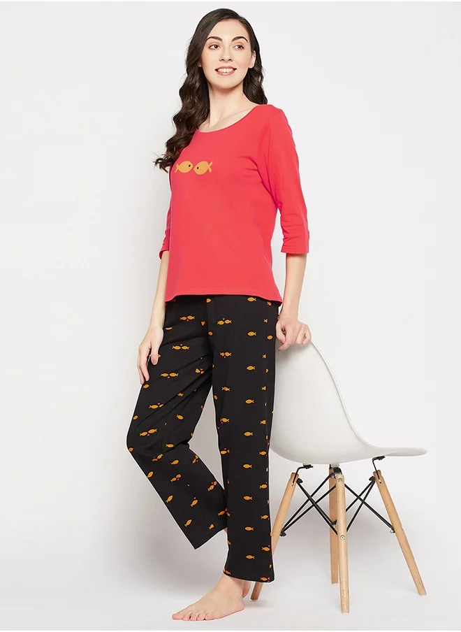 كلوفيا Clovia Fish Print Top in Red & Pyjama in Black - 100% Cotton