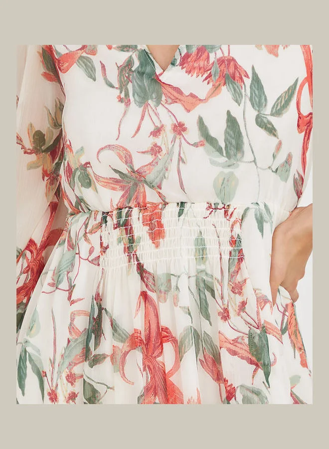 Styli Long Sheer Sleeves Floral Print Midi Dress with Side Slit