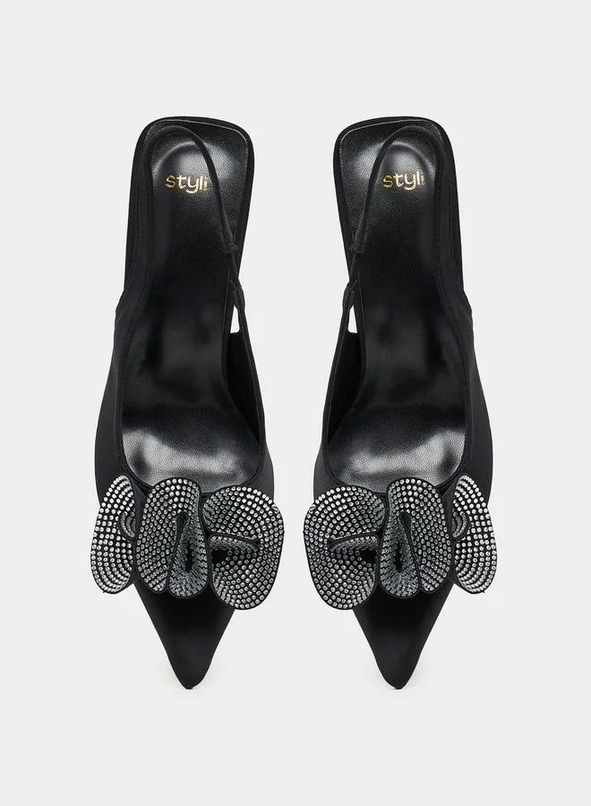 Styli Embellished Pointed Toe Slingback Pumps