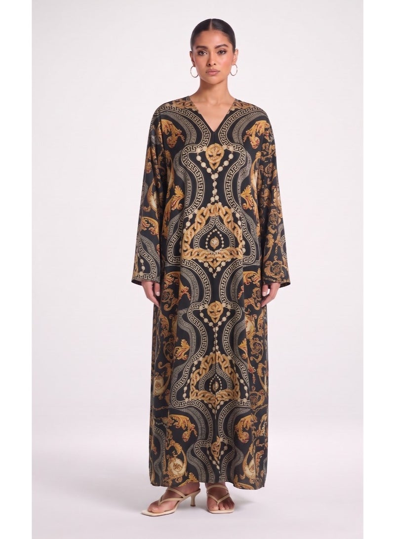 Next Abaya Luxury Baroque Medallion Printed Silk Abaya Black and Gold V-Neck Maxi Dress - Image 1