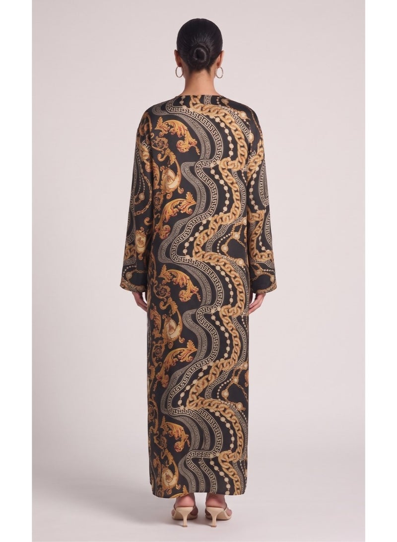 Next Abaya Luxury Baroque Medallion Printed Silk Abaya Black and Gold V-Neck Maxi Dress - Image 2