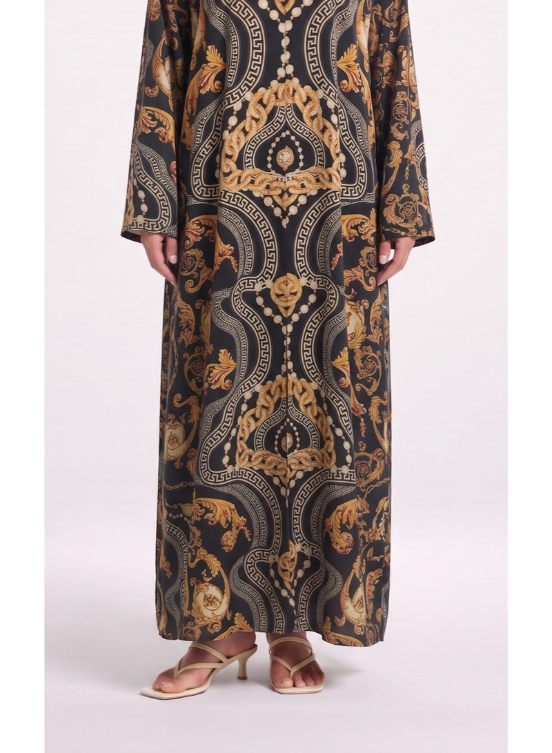 Next Abaya Luxury Baroque Medallion Printed Silk Abaya Black and Gold V-Neck Maxi Dress - Image 3
