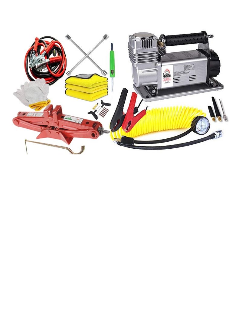 California formula-T California Extreme Double Cylinder Heavy Duty Car Air Compressor 150L/M Include Car Jack 1.5 Ton Booster Cable 500Amp 2.5 Mtr Deflator Cleaning Towels 3pcs 40x40cm & Gloves,Carry Bag Combo Pack - Image 2
