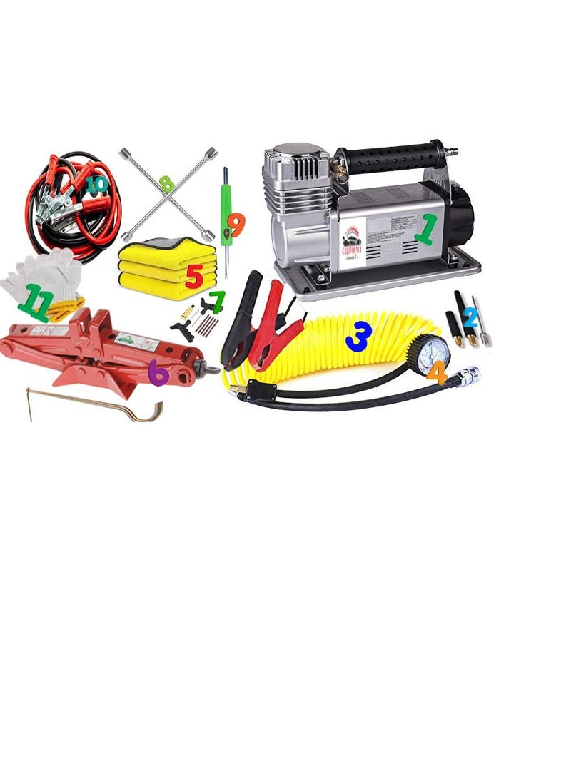 California formula-T California Extreme Double Cylinder Heavy Duty Car Air Compressor 150L/M Include Car Jack 1.5 Ton Booster Cable 500Amp 2.5 Mtr Deflator Cleaning Towels 3pcs 40x40cm & Gloves,Carry Bag Combo Pack - Image 1